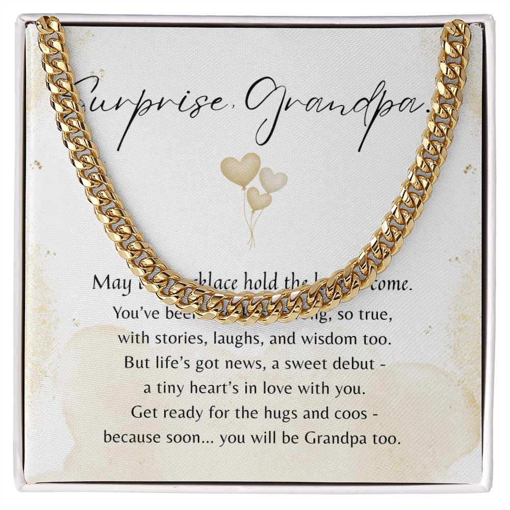 Cuban Link Chain for Grandpa-To-Be – Stainless Steel or 14k Gold Plated | A Meaningful Baby Announcement Gift for Grandpa-To-Be displayed on a message card.