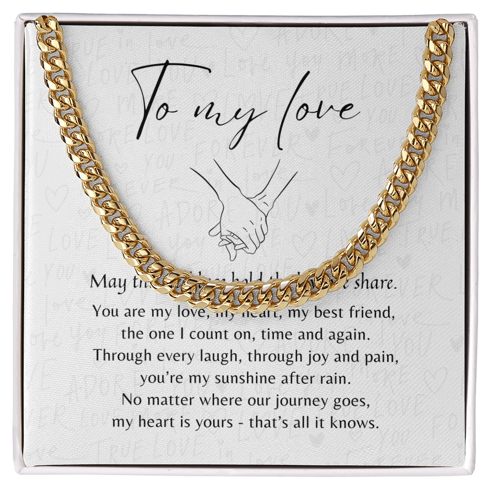 Cuban Link Chain for Him – Stainless Steel or 14k Gold Plated | A Meaningful Gift for Him displayed on a love message card in a gift box
