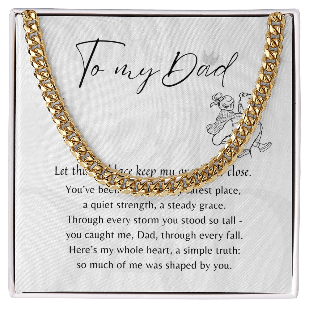 Cuban Link Chain for Dad – Stainless Steel or 14k Gold Plated displayed on a gift box with a heartfelt message to Dad