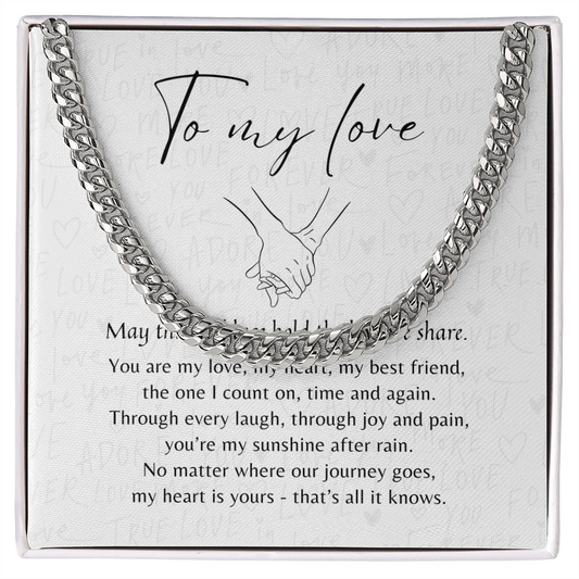 Cuban Link Chain for Him – Stainless Steel or 14k Gold Plated | A Meaningful Gift for Him displayed in a gift box with love message