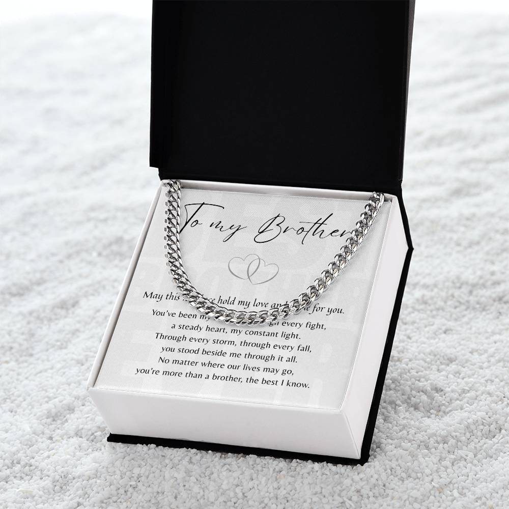 Cuban Link Chain for Brother - Brother Gift displayed in open black box with meaningful love message card inside