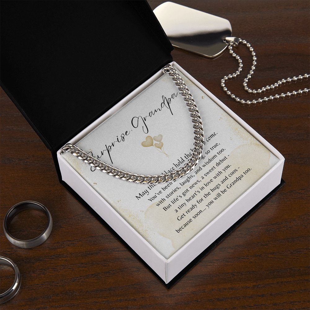 Cuban Link Chain for Grandpa-To-Be – Stainless Steel or 14k Gold Plated | A Meaningful Baby Announcement Gift for Grandpa-To-Be displayed in a gift box