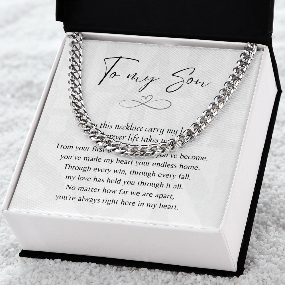 Cuban Link Chain for Son – Meaningful Gift from Mom or Dad displayed with sentimental message in elegant gift box