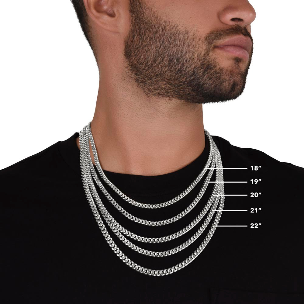 Cuban Link Chain for Son – Meaningful Gift from Mom or Dad shown in multiple lengths on male model wearing black shirt