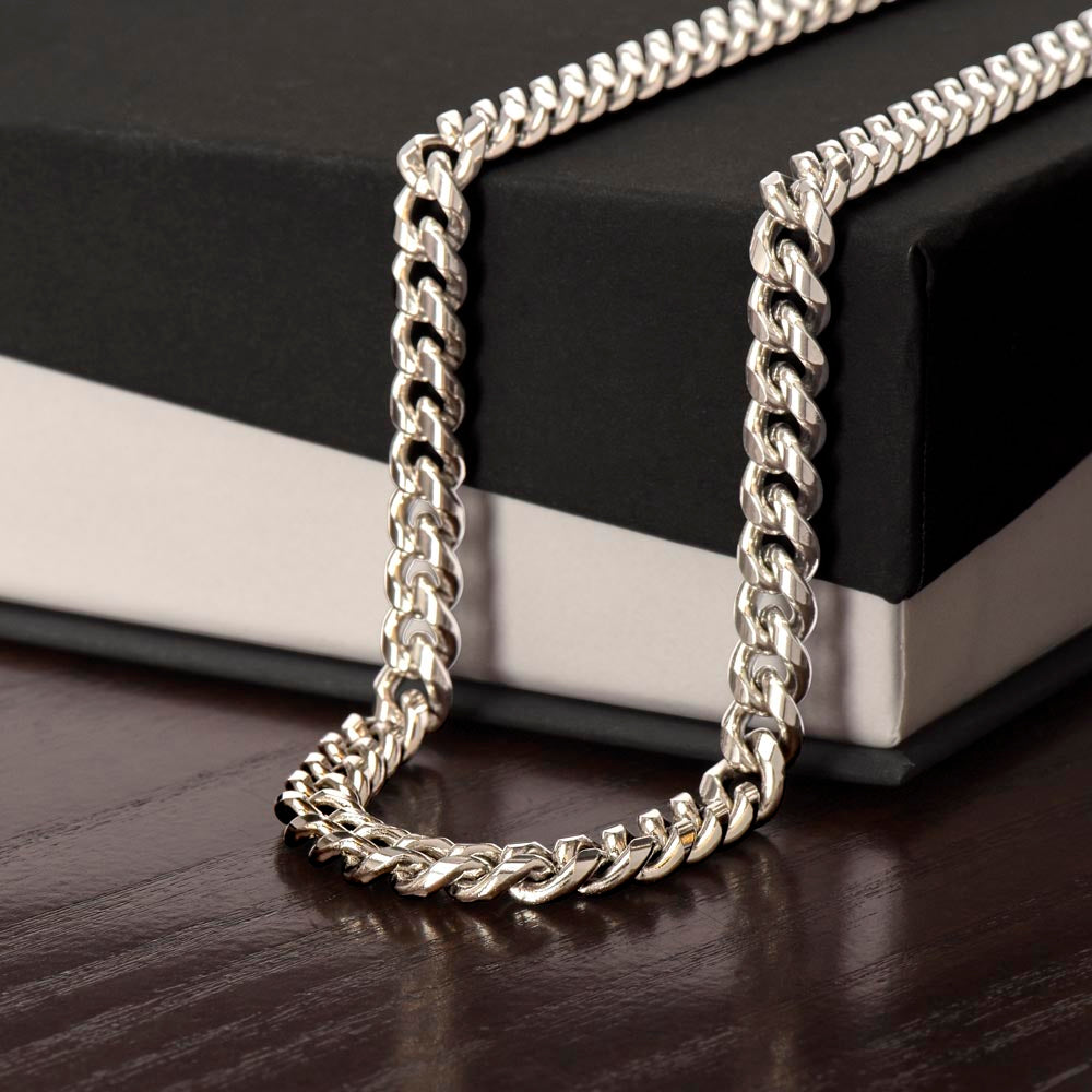 Cuban Link Chain for Him – Stainless Steel or 14k Gold Plated | A Meaningful Gift for Him displayed on a black and white gift box