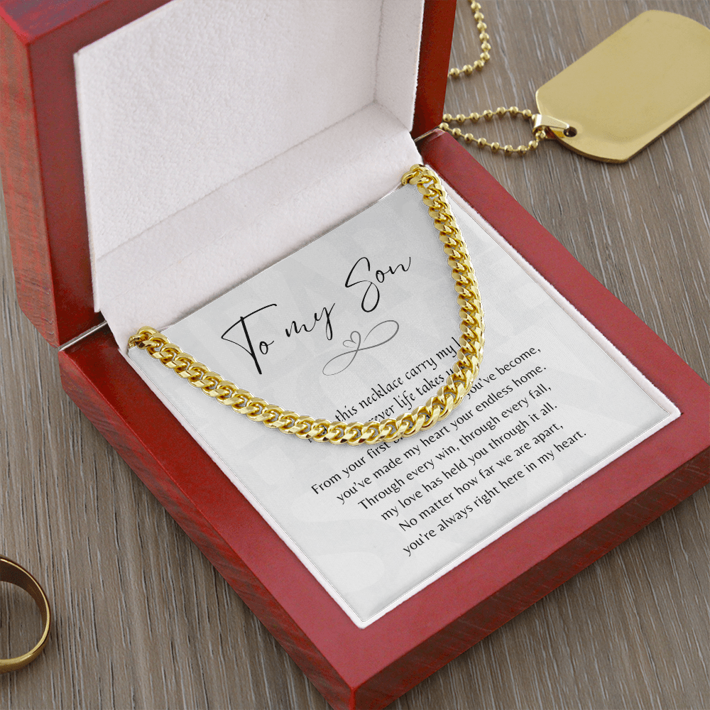 Cuban Link Chain for Son – Meaningful Gift from Mom or Dad displayed in elegant wooden box with heartfelt message card