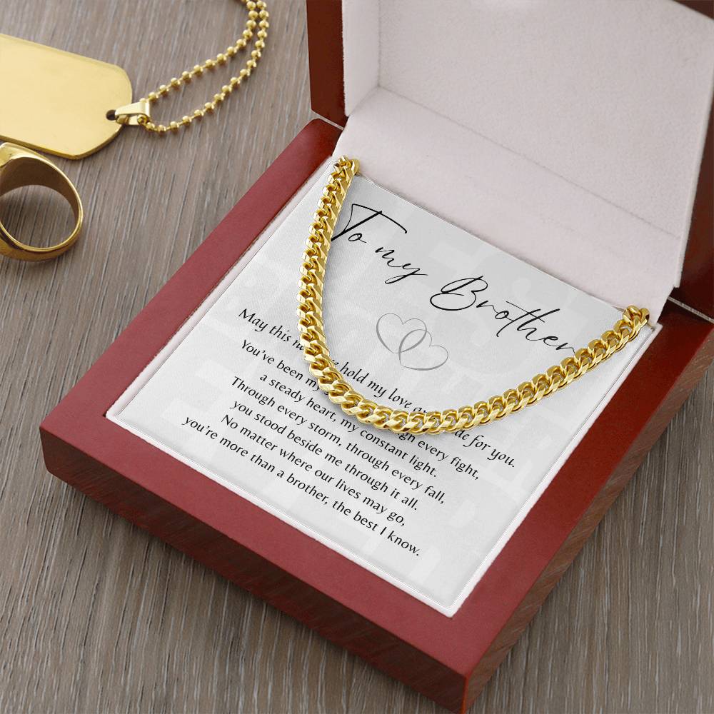 Cuban Link Chain for Brother - Brother Gift resting in wooden box with heartfelt letter for meaningful jewelry gift