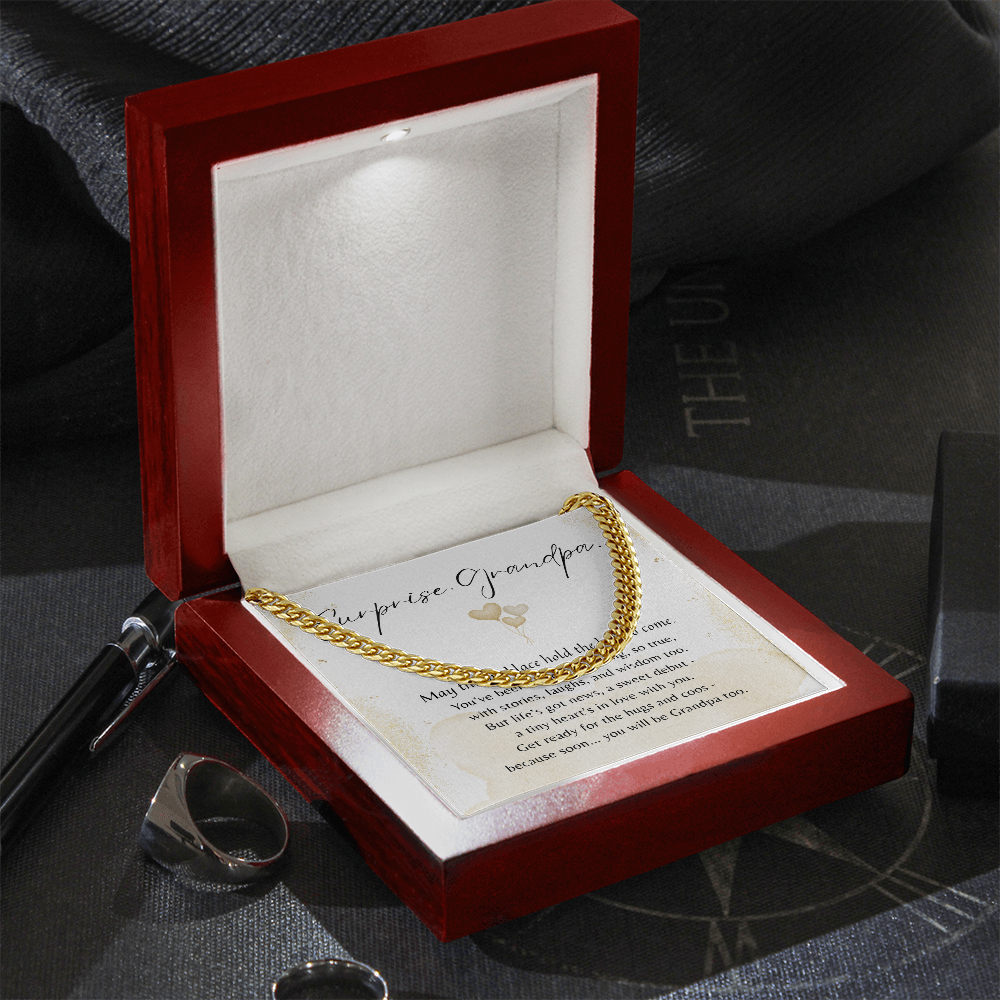 Cuban Link Chain for Grandpa-To-Be – Stainless Steel or 14k Gold Plated | A Meaningful Baby Announcement Gift for Grandpa-To-Be displayed in a wooden box.