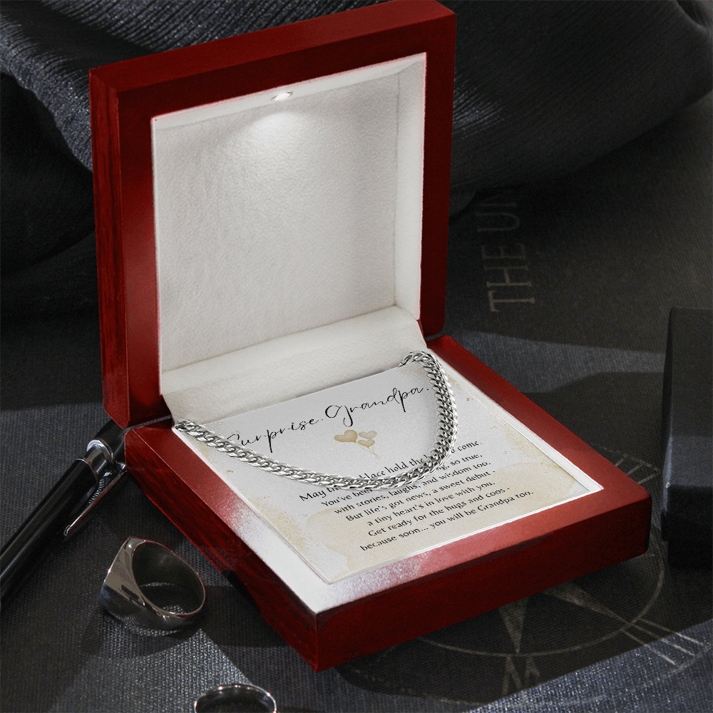 Cuban Link Chain for Grandpa-To-Be – Stainless Steel or 14k Gold Plated | A Meaningful Baby Announcement Gift for Grandpa-To-Be displayed in wooden box
