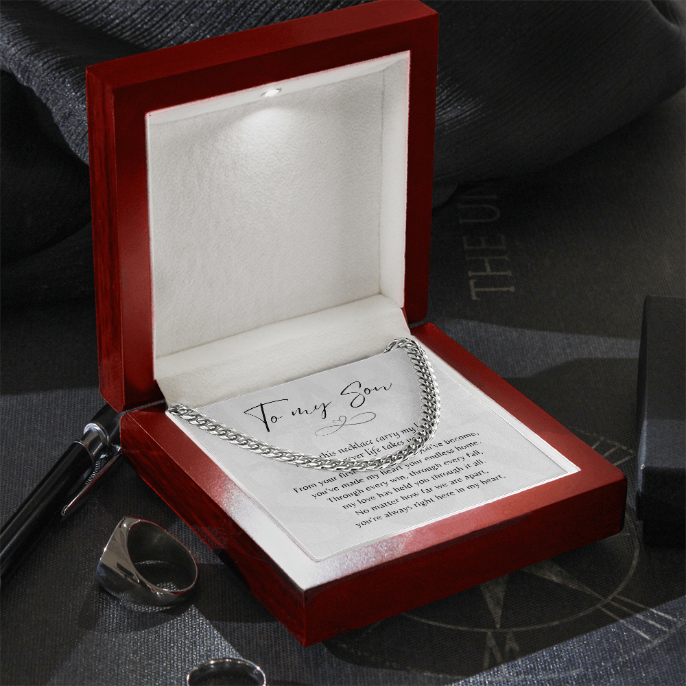 Cuban Link Chain for Son – Meaningful Gift from Mom or Dad displayed in polished wooden box with sentimental message card