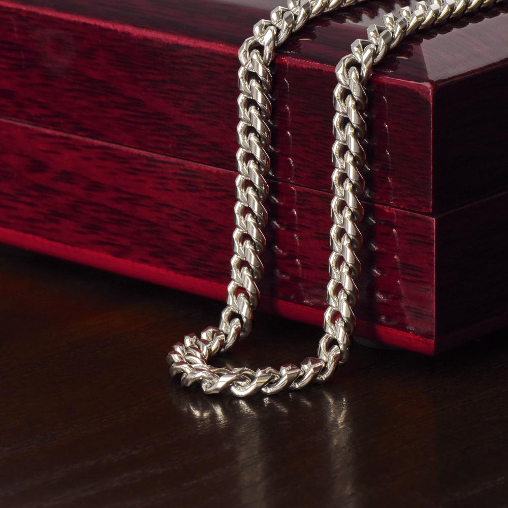 Cuban Link Chain for Brother - Brother Gift draped over polished wooden jewelry box, showcasing meaningful jewelry design