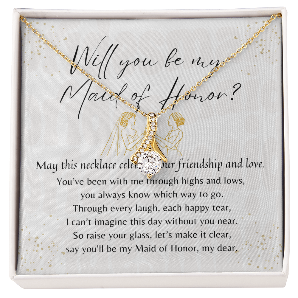 Alluring Beauty Necklace for Maid of Honor – An Elegant Maid of Honor Proposal Gift | 14K White Gold or 18K Yellow Gold Plated displayed with a proposal message