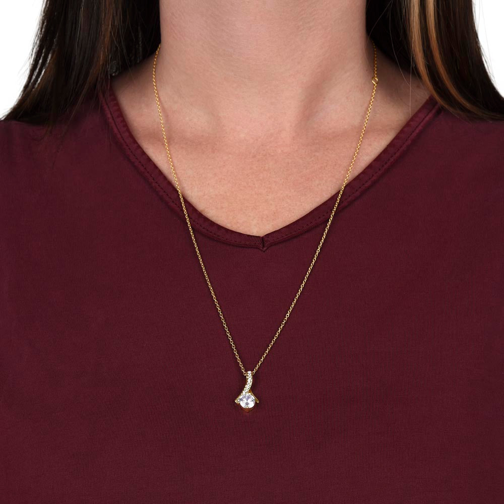 Woman wearing Alluring Beauty Necklace for New Mom - A Meaningful Gift for a New Mom | 14k White Gold or 18k Yellow Gold Plated pendant