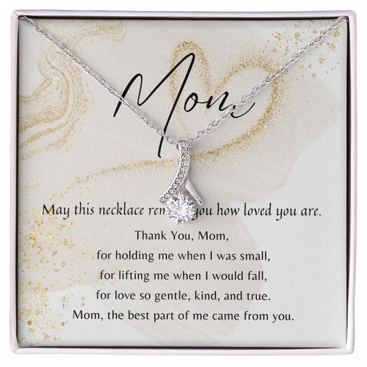 Elegant silver necklace with cubic zirconia pendant displayed on a heartfelt Mother's Day poem card in a gift box