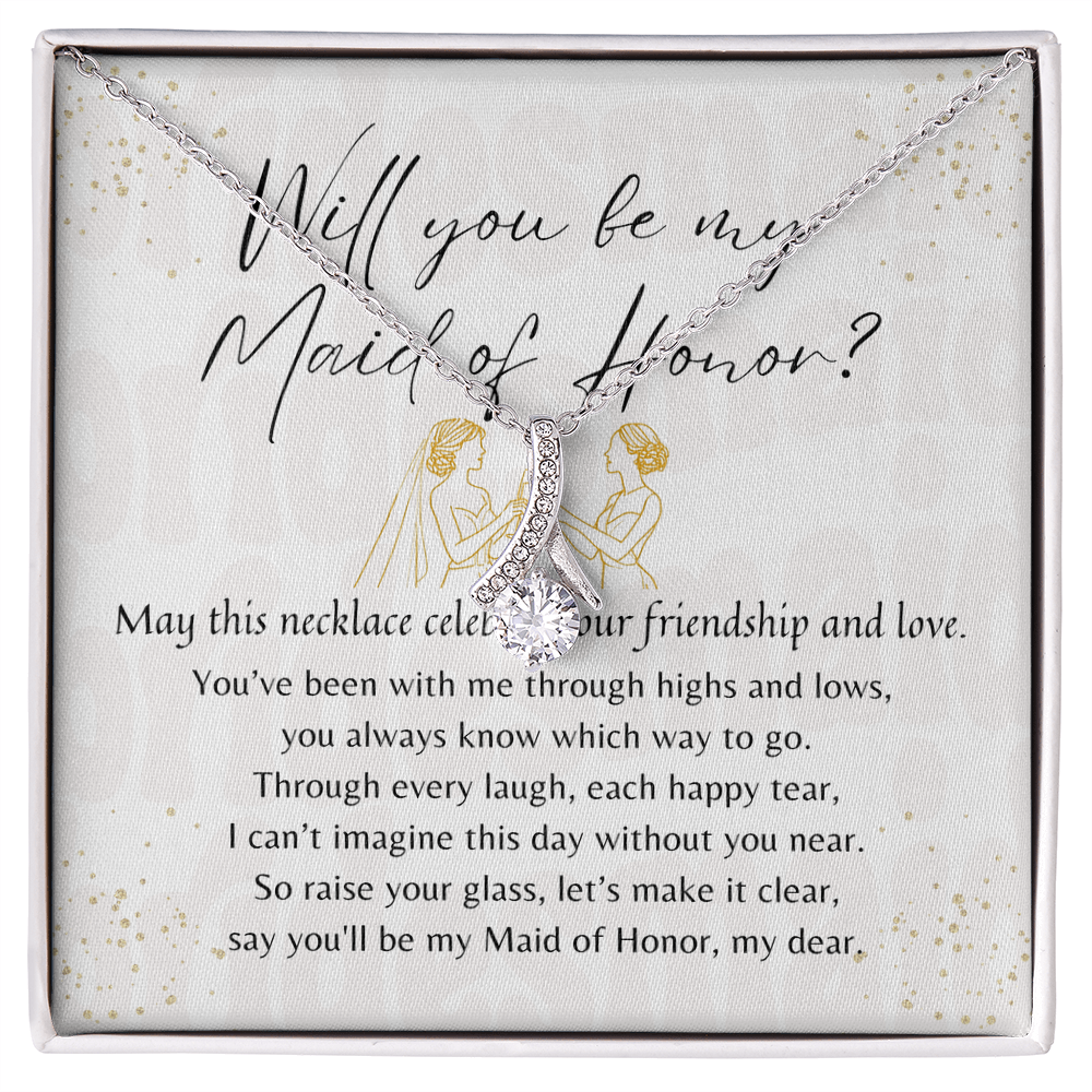 Alluring Beauty Necklace for Maid of Honor – An Elegant Maid of Honor Proposal Gift | 14K White Gold or 18K Yellow Gold Plated displayed in proposal box with message