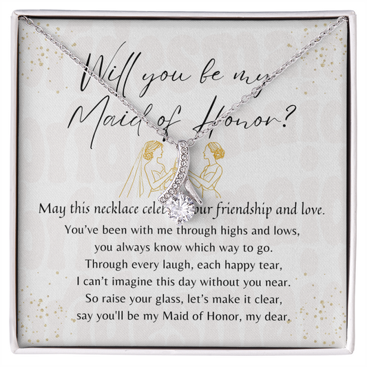 Alluring Beauty Necklace for Maid of Honor – An Elegant Maid of Honor Proposal Gift | 14K White Gold or 18K Yellow Gold Plated displayed in proposal box with message