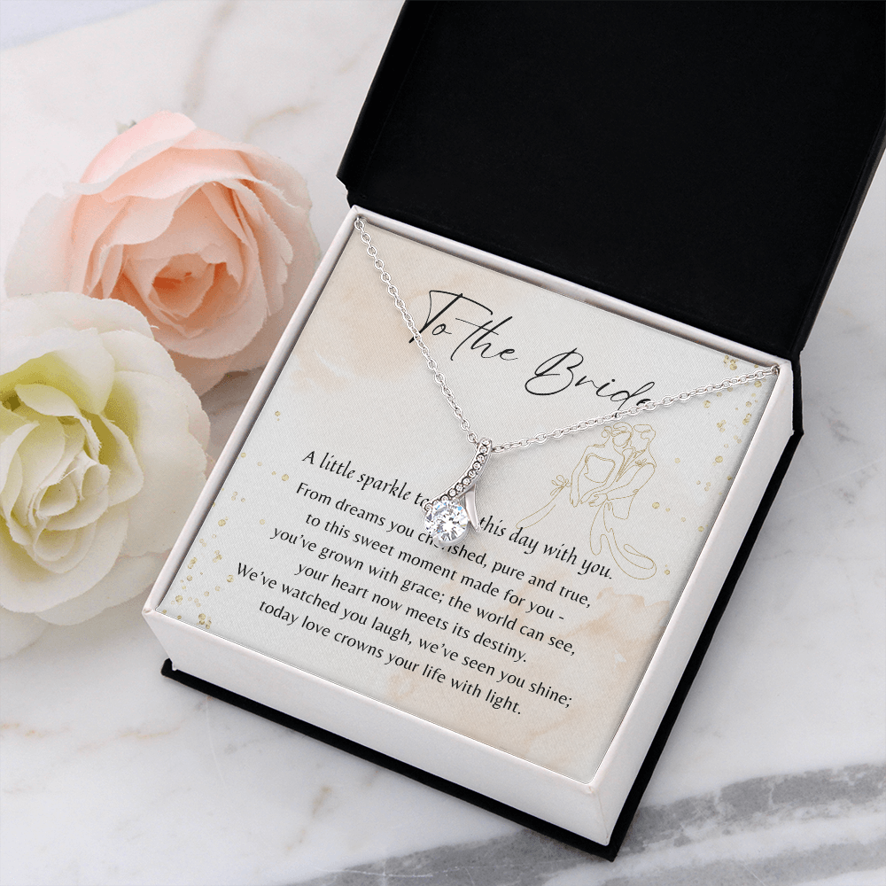 Alluring Beauty Necklace for Bride – A Meaningful Gift for the Bride | 14k White Gold or 18k Yellow Gold Plated displayed in a gift box with flowers