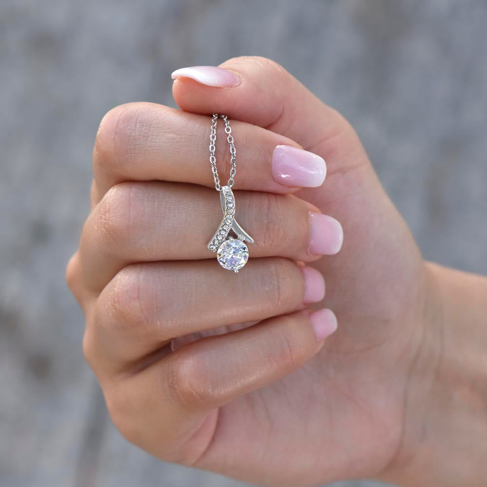 Alluring Beauty Necklace for Maid of Honor – An Elegant Maid of Honor Proposal Gift | 14K White Gold or Yellow Gold Plated held in hand showing pendant details