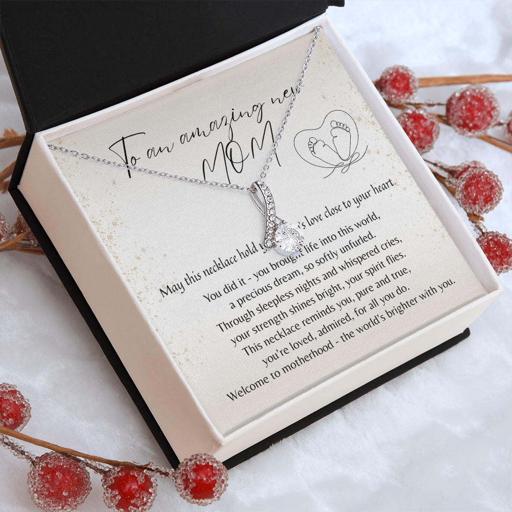 Alluring Beauty Necklace for New Mom - A Meaningful Gift for a New Mom | 14k White Gold or 18k Yellow Gold Plated displayed in gift box with poem