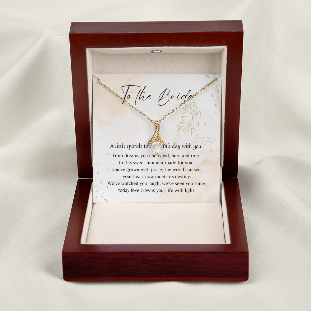 Alluring Beauty Necklace for Bride – elegant necklace in gold plated, displayed in a wooden gift box with a bride’s message card
