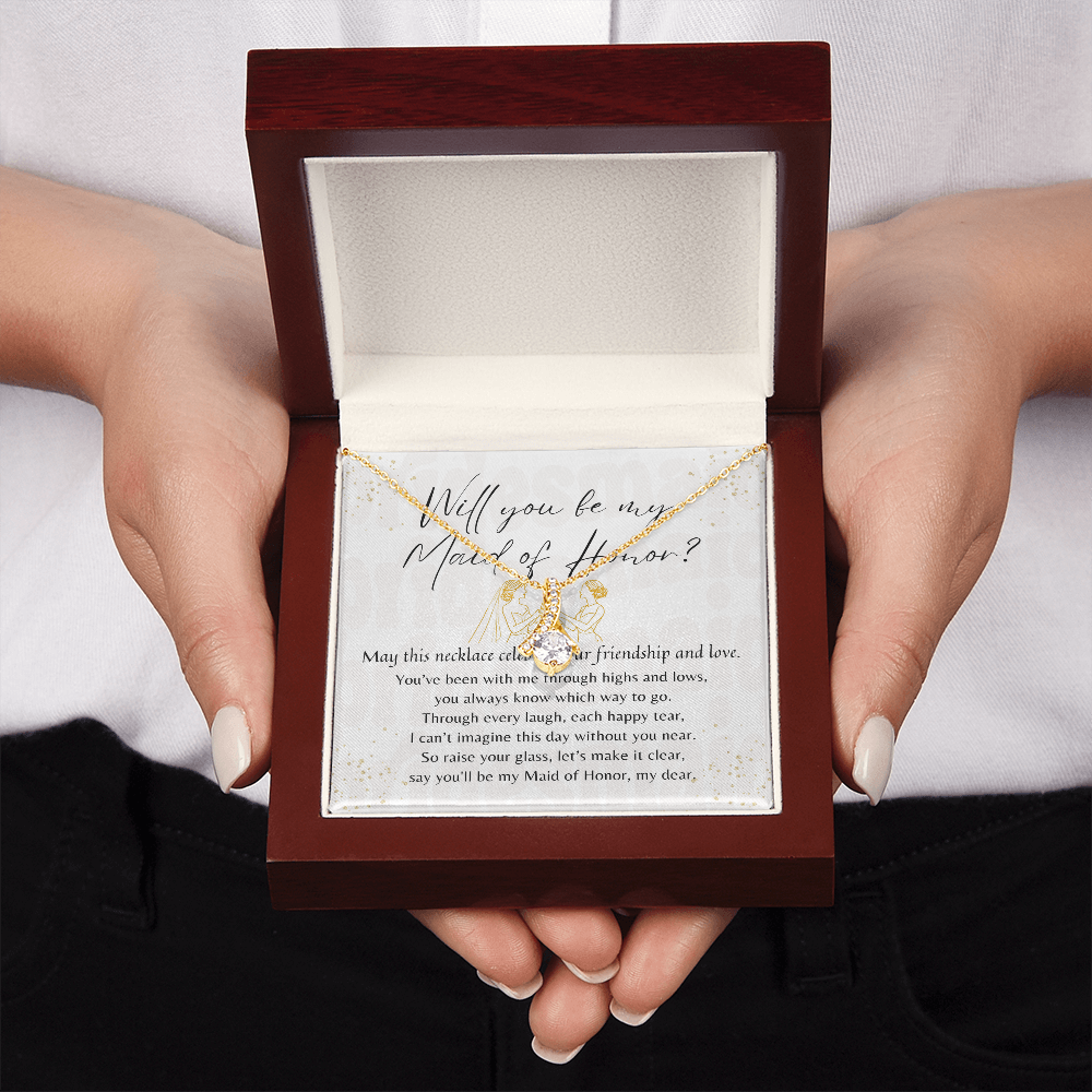 Alluring Beauty Necklace for Maid of Honor – An Elegant Maid of Honor Proposal Gift | 14K White Gold or 18K Yellow Gold Plated in wooden box with message card