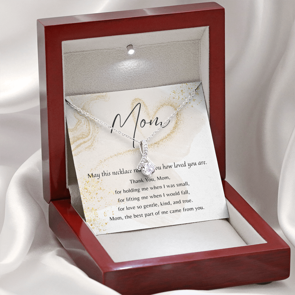 Delicate white gold necklace with cubic zirconia pendant in mahogany gift box with poem card for Mom.