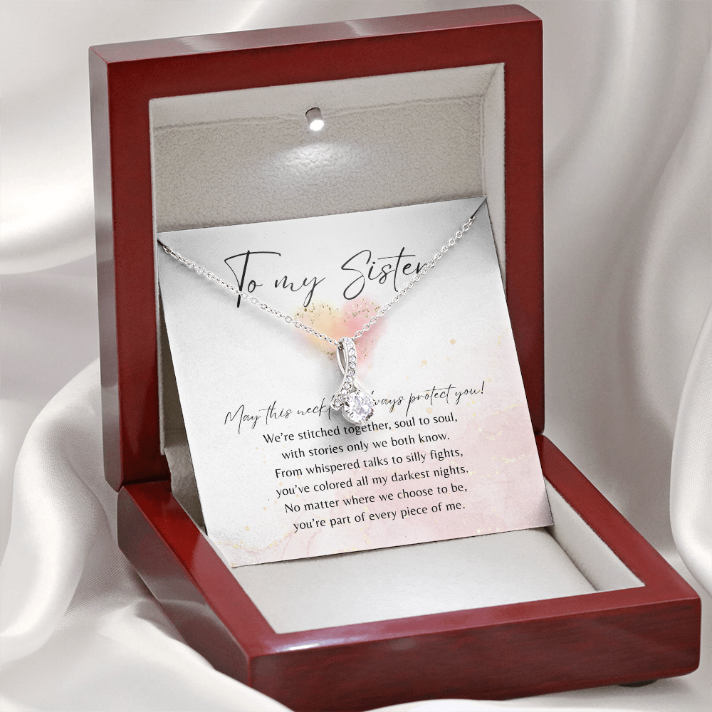Alluring Beauty Necklace for Sister – 14k White Gold or 18k Yellow Gold Plated displayed in a mahogany-style luxury gift box with poem card.