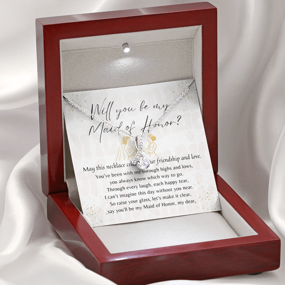 Alluring Beauty Necklace for Maid of Honor – An Elegant Maid of Honor Proposal Gift | 14K White Gold or 18K Yellow Gold Plated in wooden box with message card
