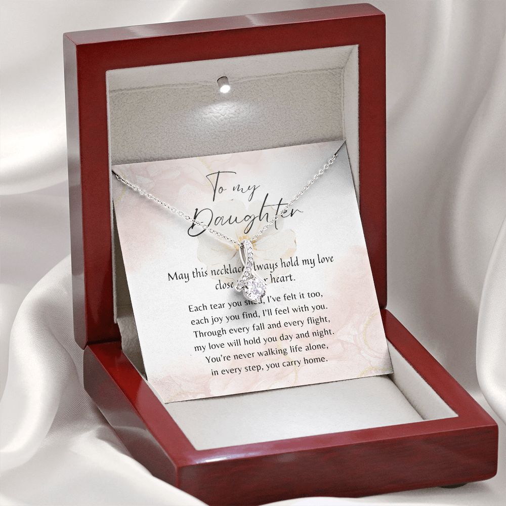 Alluring Beauty Necklace for Daughter – 14k White Gold or 18k Yellow Gold Plated meaningful gift from parent displayed in luxury box with poem card