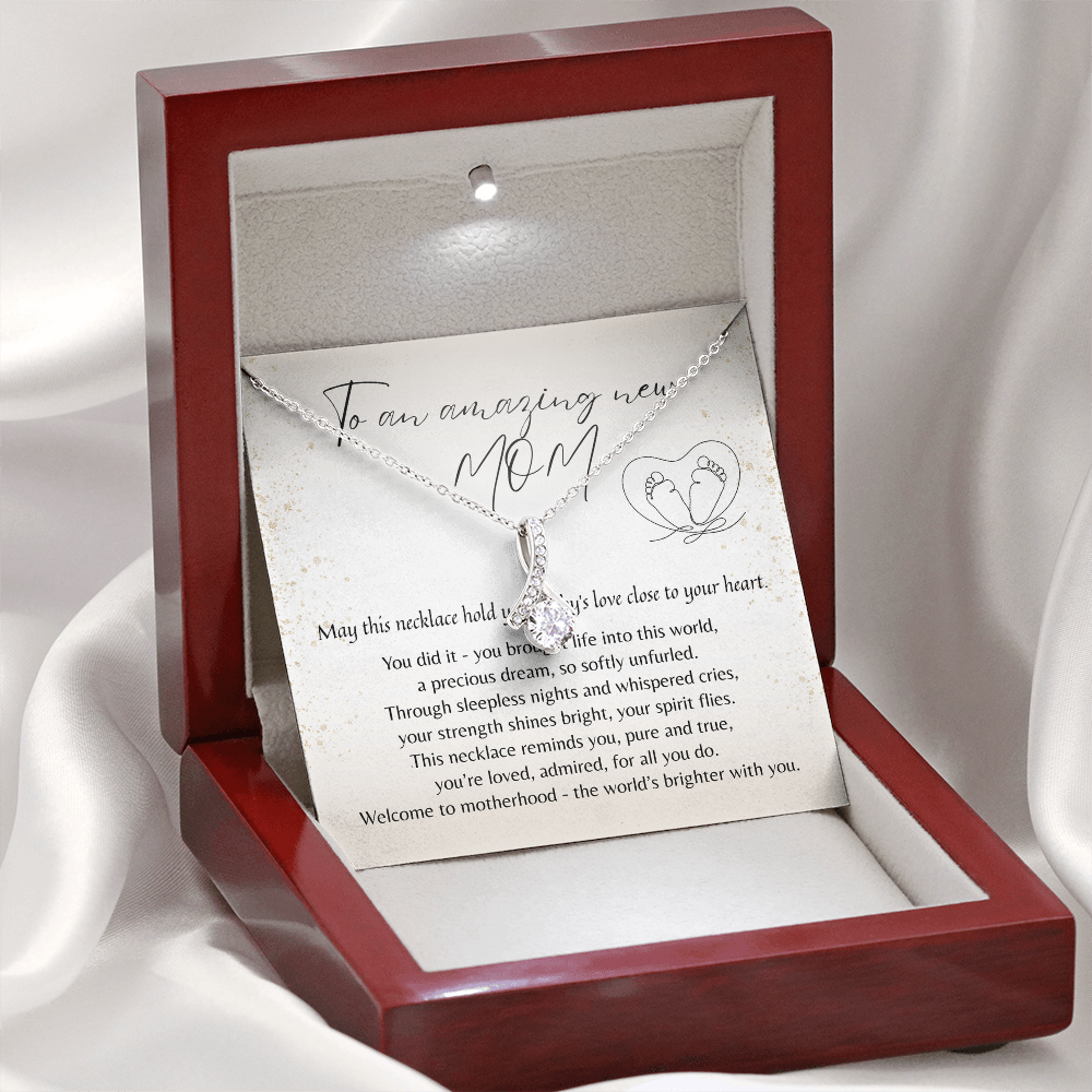Alluring Beauty Necklace for New Mom - A Meaningful Gift for a New Mom | 14k White Gold or 18k Yellow Gold Plated displayed in elegant jewelry box
