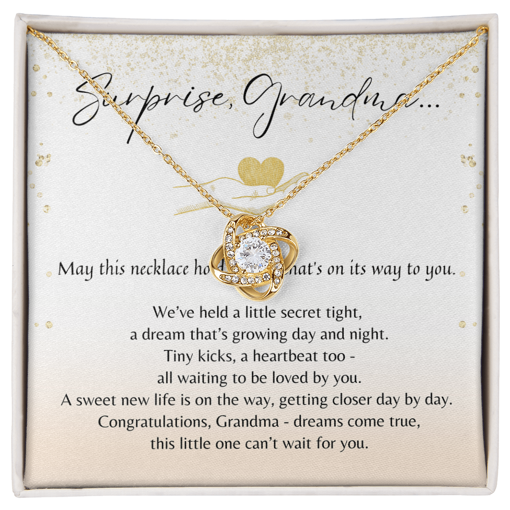 Love Knot Necklace for Grandma-To-Be – A meaningful baby announcement jewelry gift in 14K white or 18K yellow gold plated design