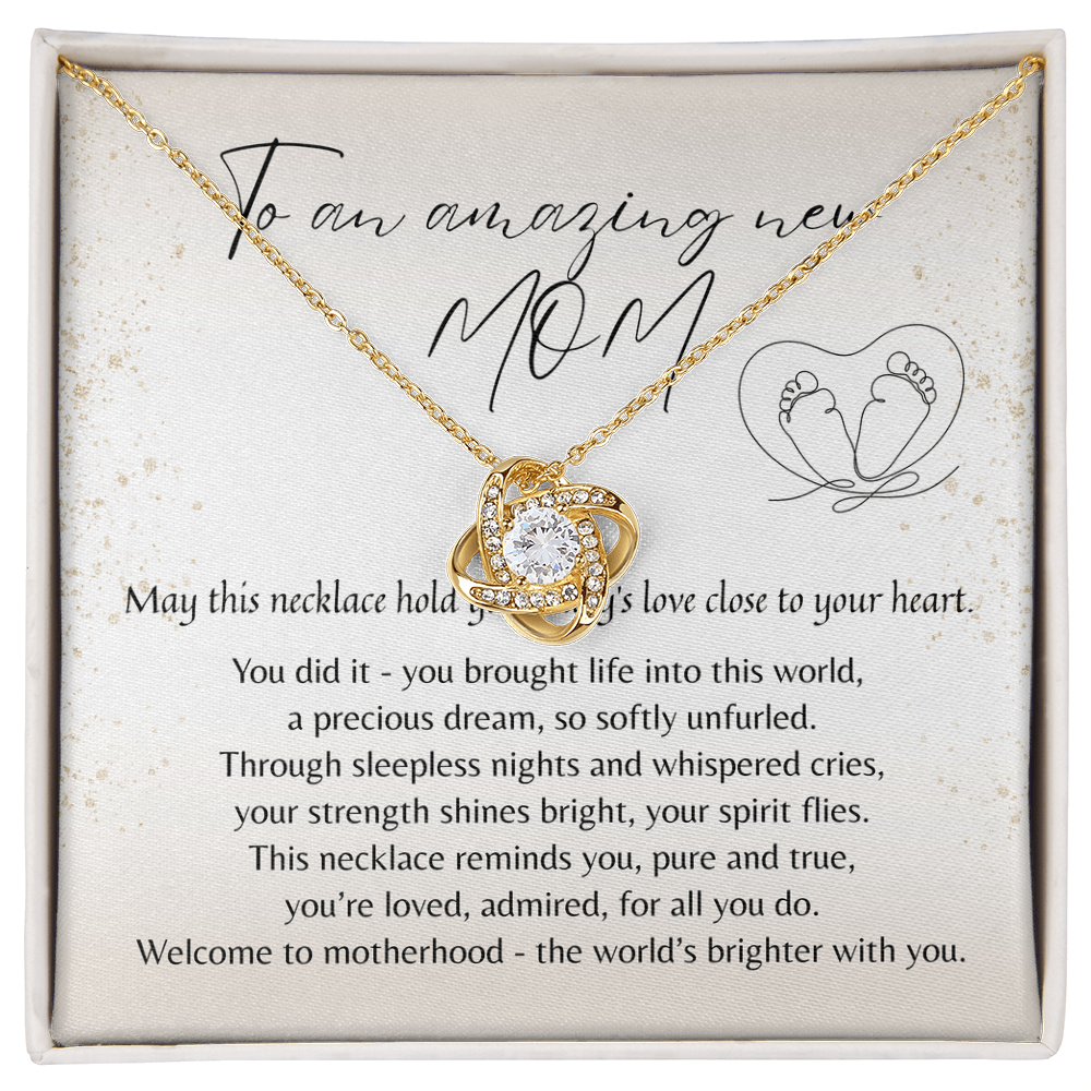 Love Knot Necklace for New Mom - A Meaningful Gift for a New Mom | 14k White Gold or 18k Yellow Gold Plated displayed in gift box with poem