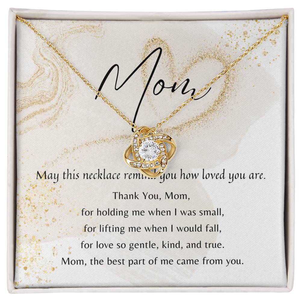 Gold love knot necklace with cubic zirconia on a poem card gift for Mom in elegant soft-touch box