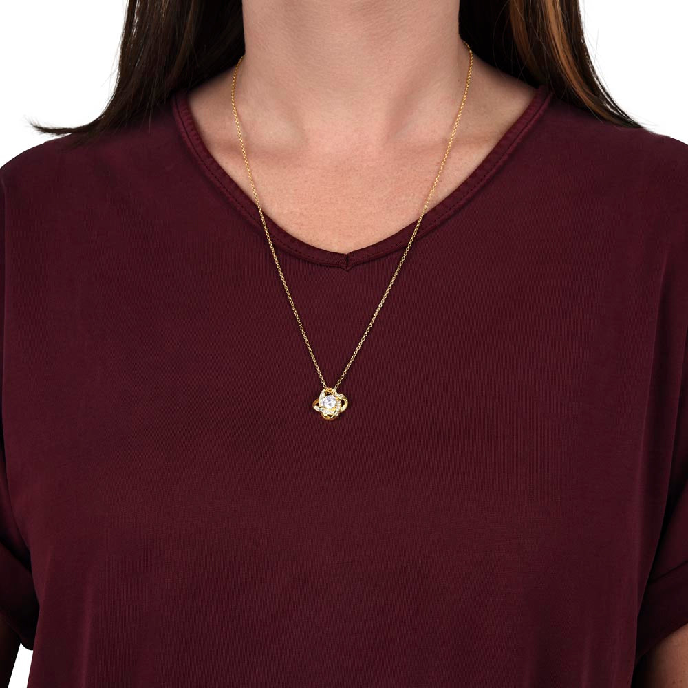 Love Knot Necklace for Grandma-To-Be – A Meaningful Baby Announcement Gift for Grandma | 14K White Gold or 18K Yellow Gold Plated on model