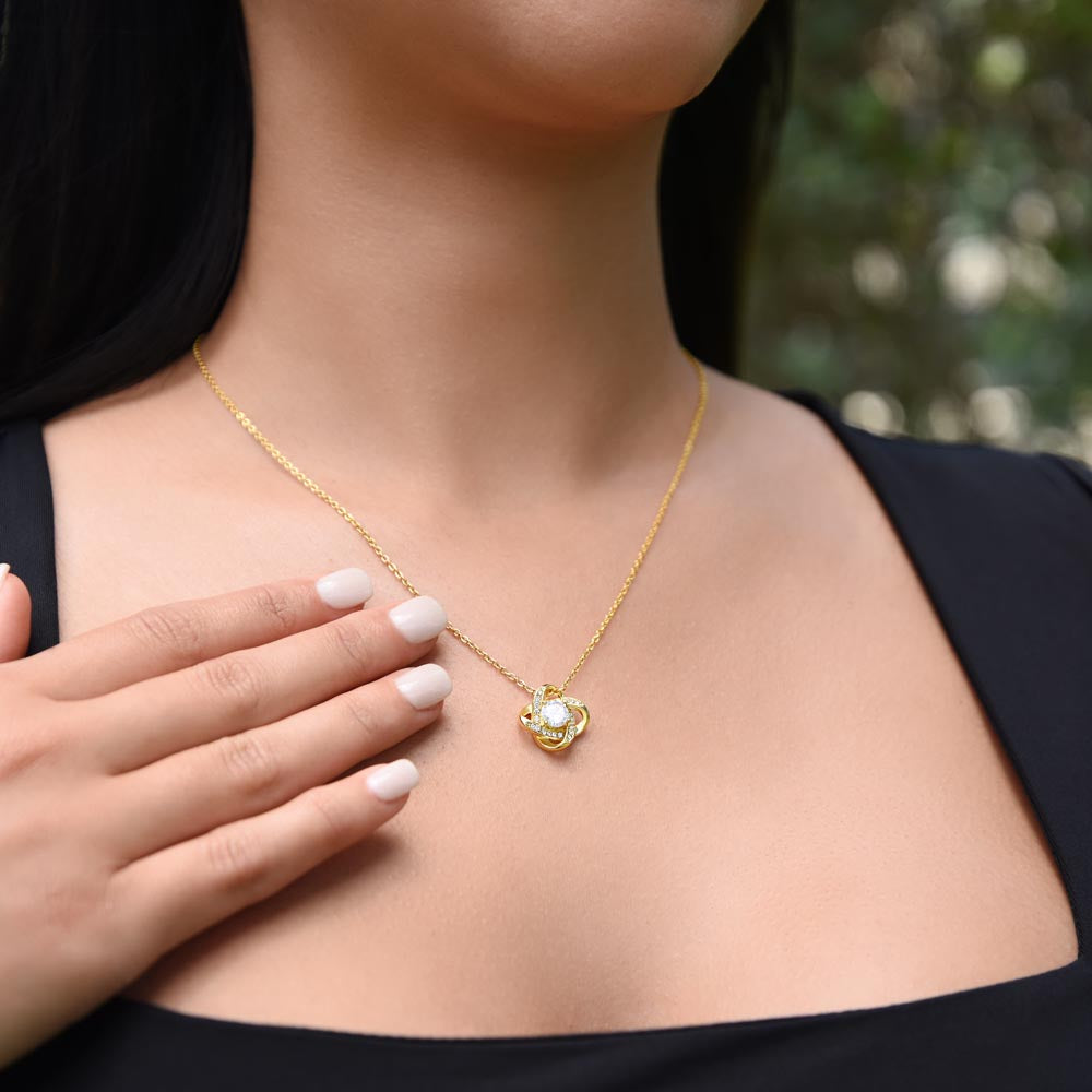 Love Knot Necklace for Daughter – 14k White Gold or 18k Yellow Gold Plated meaningful gift worn on woman’s neck