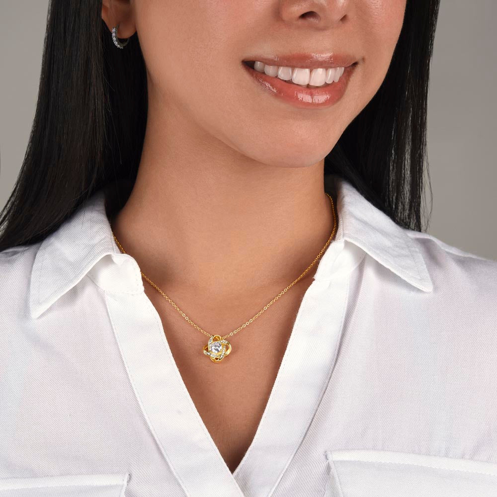 Model wearing Love Knot Necklace for Myself – A thoughtful Gift to Myself | 14k White Gold or 18k Yellow Gold Plated in gold tone
