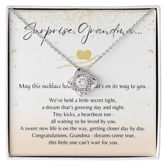Love Knot Necklace for Grandma-To-Be – A Meaningful Baby Announcement Gift for Grandma | 14K White Gold or 18K Yellow Gold Plated in gift box with poem card
