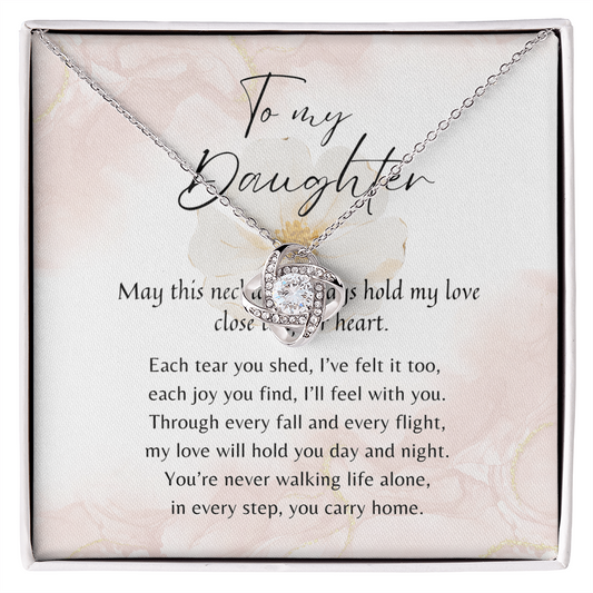 Love Knot Necklace for Daughter – 14k White Gold or 18k Yellow Gold Plated meaningful gift with poem card in gift box