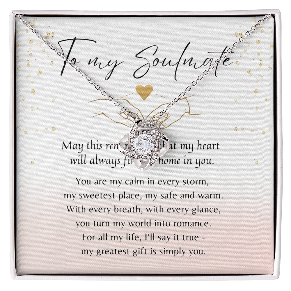 Love Knot Necklace for Her – 14k White Gold or 18k Yellow Gold Plated displayed in gift box with romantic message.