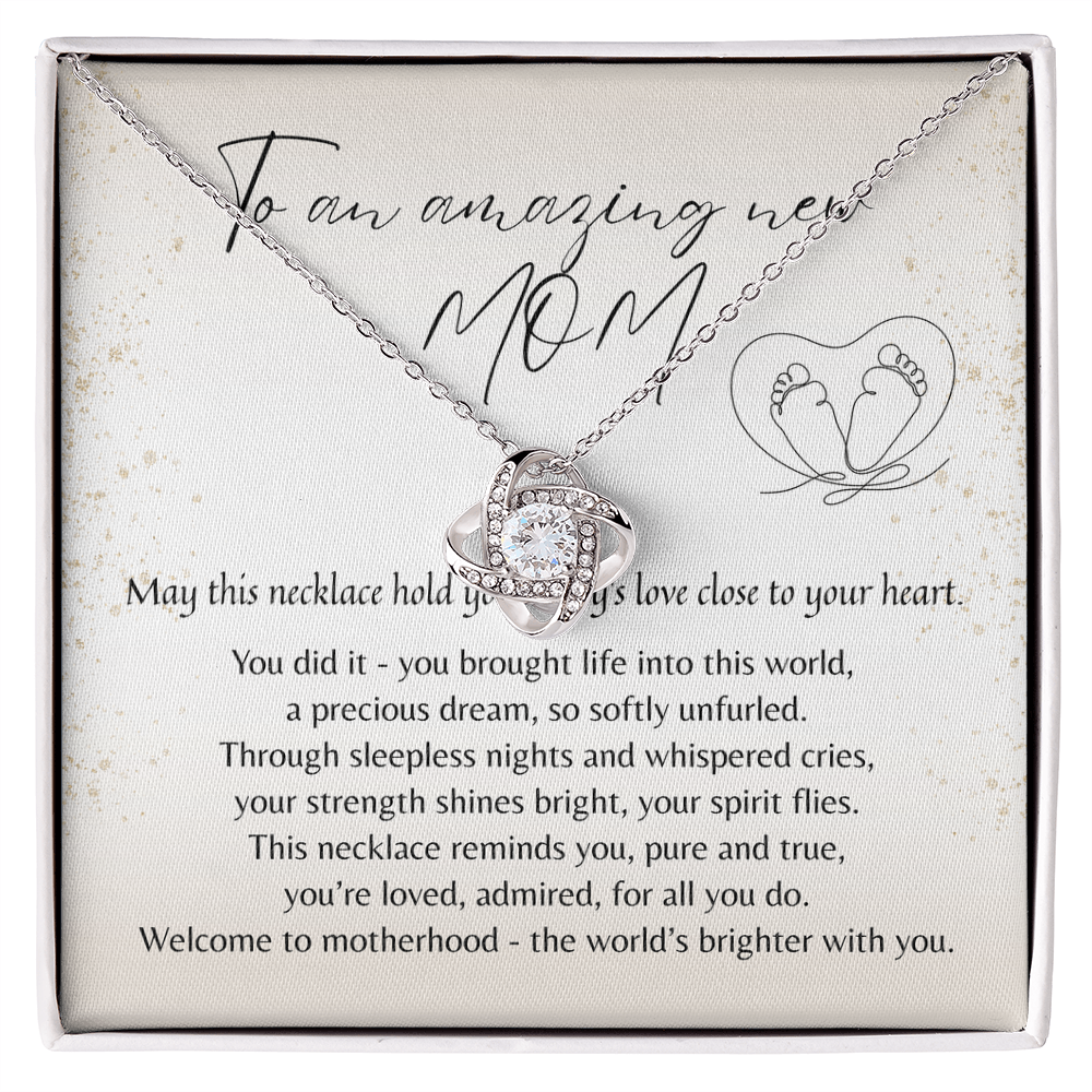 Love Knot Necklace for New Mom - A Meaningful Gift for a New Mom | 14k White Gold or 18k Yellow Gold Plated displayed with a heartfelt poem.