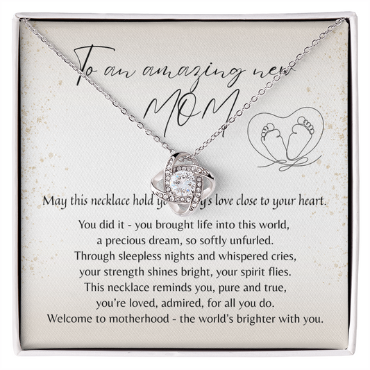 Love Knot Necklace for New Mom - A Meaningful Gift for a New Mom | 14k White Gold or 18k Yellow Gold Plated displayed with a heartfelt poem.