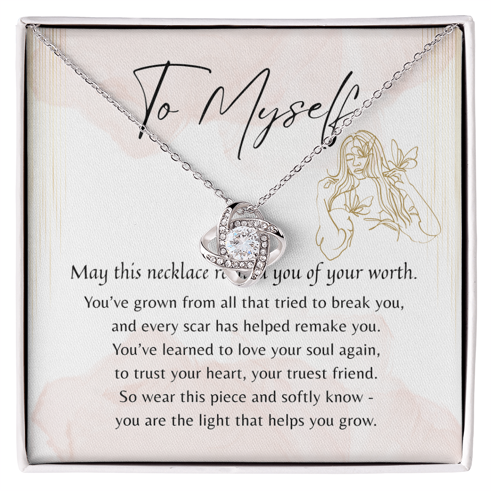 Love Knot Necklace for Myself – A thoughtful Gift to Myself | 14k White Gold or 18k Yellow Gold Plated displayed in soft touch gift box with message