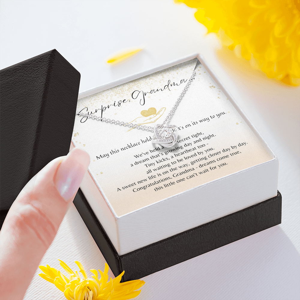 Love Knot Necklace for Grandma-To-Be – A Meaningful Baby Announcement Gift for Grandma | 14K White Gold or 18K Yellow Gold Plated in gift box with poem card