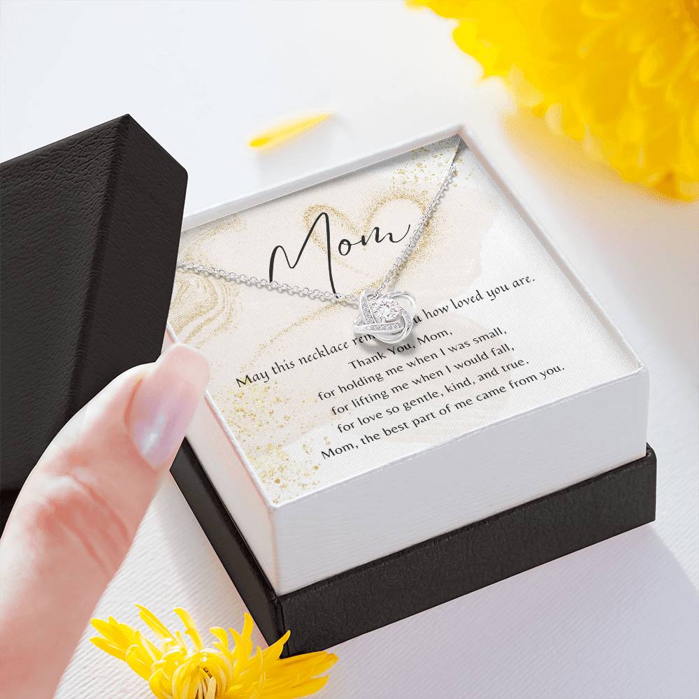 Love Knot Necklace in white gold plating with poem card, gift box, symbolizing a meaningful gift for Mom.