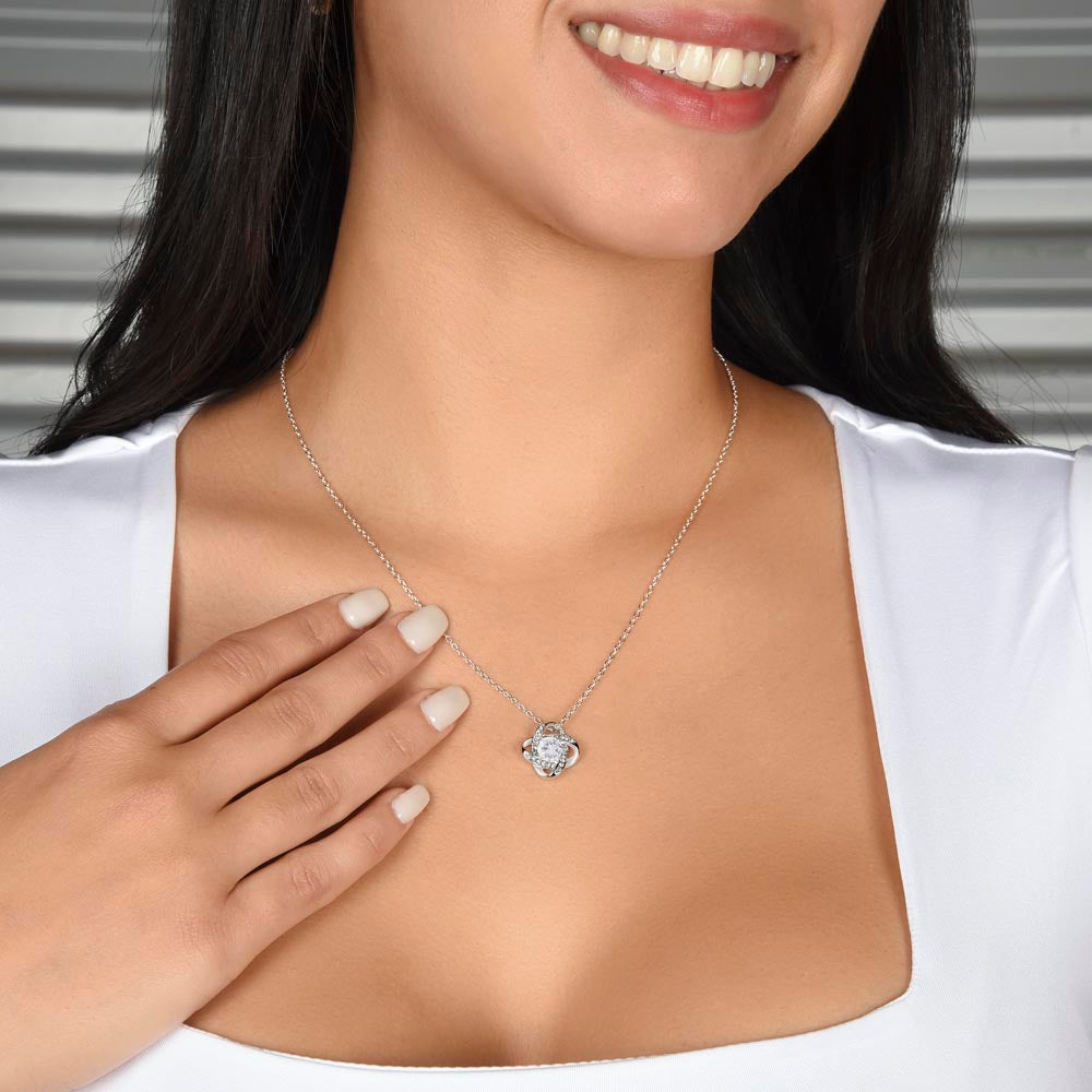 Love Knot Necklace for Daughter – 14k White Gold or 18k Yellow Gold Plated meaningful gift worn on model's neck