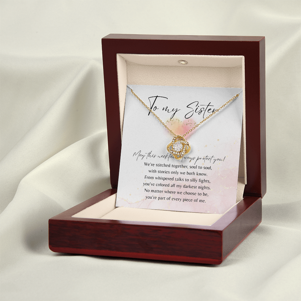 Love Knot Necklace for Sister – 14k White Gold or 18k Yellow Gold Plated A gift in mahogany box with poem card inside