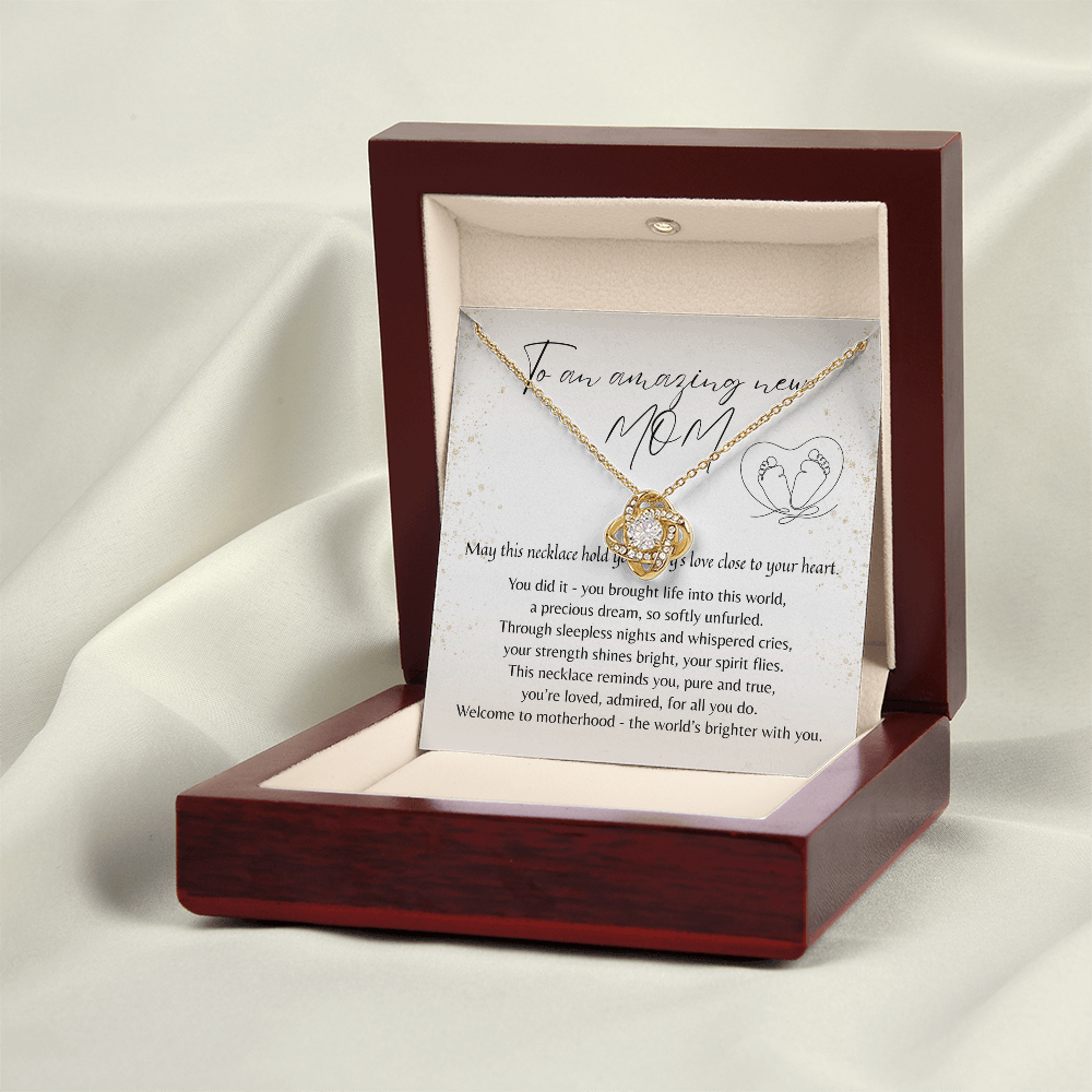 Love Knot Necklace for New Mom - A Meaningful Gift for a New Mom | 14k White Gold or 18k Yellow Gold Plated in a gift box with a heartfelt message.