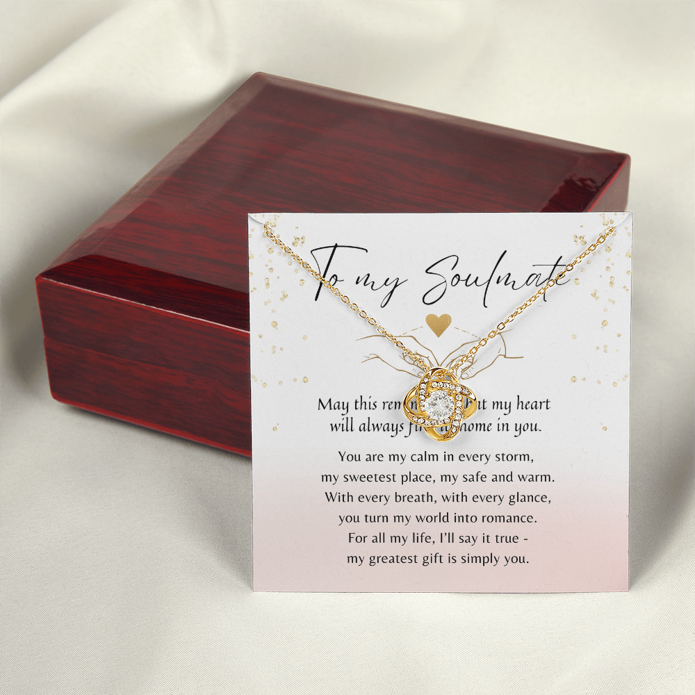 Love Knot Necklace for Her – 14k White Gold or 18k Yellow Gold Plated | elegant gold necklace displayed with a heartfelt card and gift box
