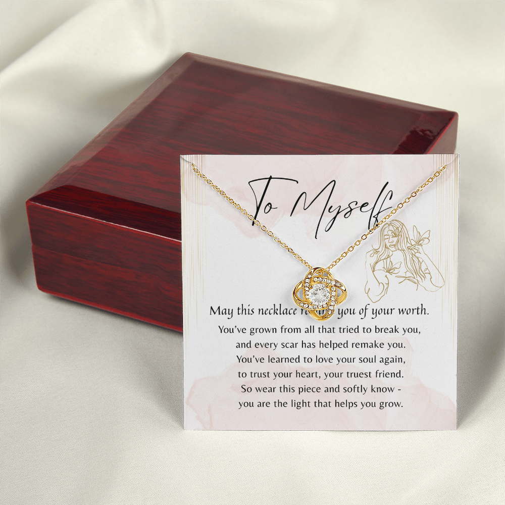 Love Knot Necklace for Myself – A thoughtful Gift to Myself | 14k White Gold or 18k Yellow Gold Plated on card with wooden jewelry box