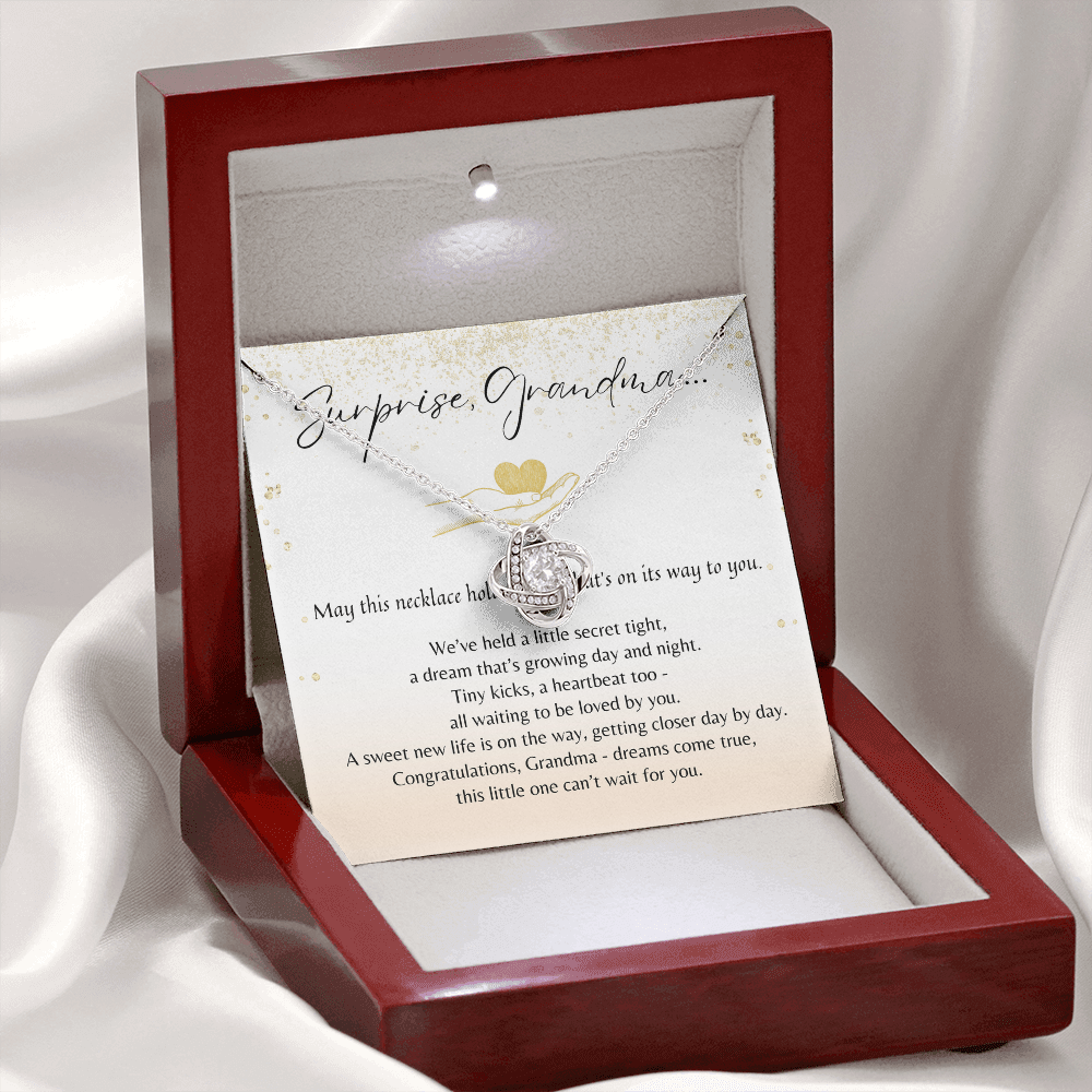 Love Knot Necklace for Grandma-To-Be – A Meaningful Baby Announcement Gift for Grandma | 14K White Gold or 18K Yellow Gold Plated in gift box with poem card
